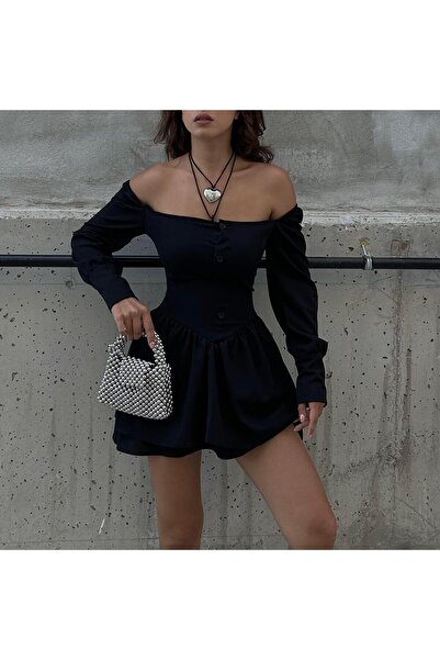 Köstebek Μαύρο Μίνι Μακρυμάνικο Μίνι Φόρεμα με Κουμπιά και Δαντέλα