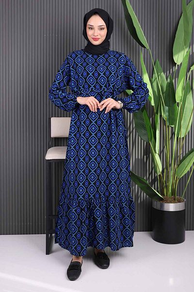 İmajButik Φόρεμα Saks με μπλε μοτίβο φούστα με στρώσεις Viscon