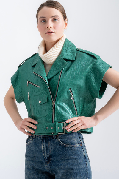 Lebeni Kadın Biker Kuzu Deri Yelek – Timsah Desenli Hakiki Deri Croco Yelek