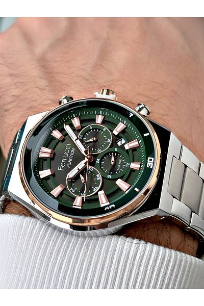 Ferrucci Men's Wristwatch - Silver Color, Waterproof Steel Cord, Functional