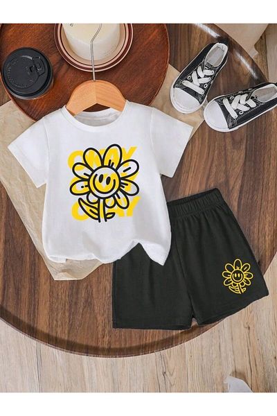 LOUİSA Girl's Daisy Printed T-Shirt-Shorts Set (White-Black)