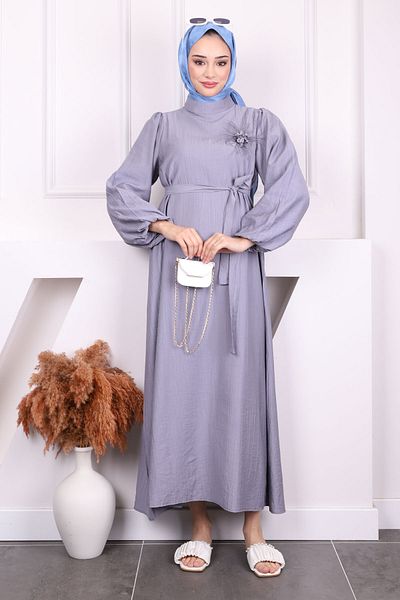 İmajButik Γκρι φόρεμα με μπαλόνι με ζώνη