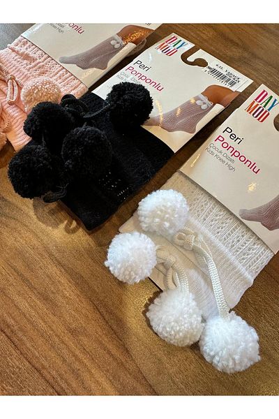 Daymod Children's Knee-High Socks with Fairy Pompom Pink-White-Black 3 Pcs