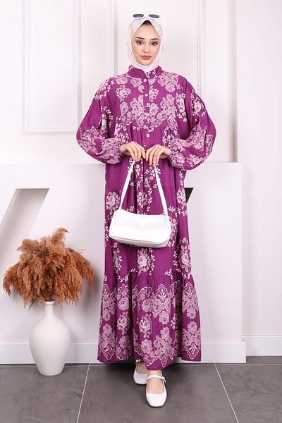 İmajButik Φόρεμα Viscon με μωβ σχέδιο με μισό κουμπί