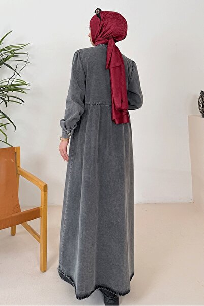 Bestenur Narel Shirt Collar Denim Dress 1376 - Anthracite