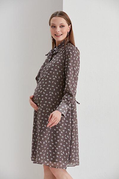 Işşıl 5065-μαντήλι γιακάς με μοτίβο τουλίπας σιφόν εγκυμοσύνης-φόρεμα