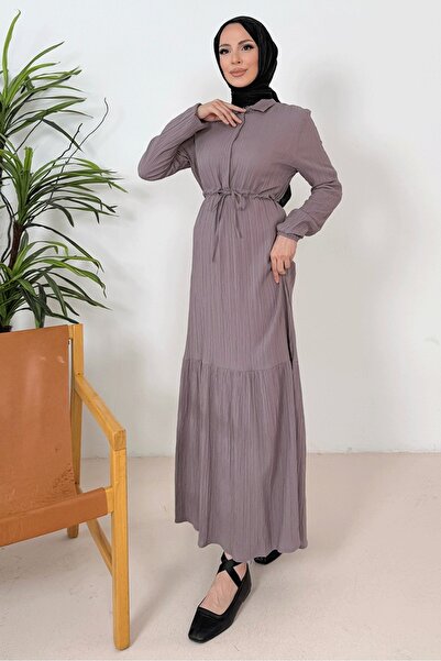 Bestenur Marine Shirt Collar Dress 1367 - Stone