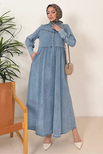 Bestenur Seyar Half Button Denim Dress 1393 - Blue