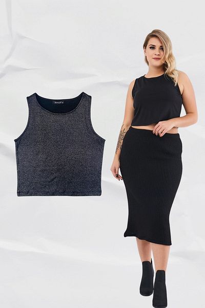 Seamoda Plus Size Glitter Printed Crop Camisole Lycra Tank Top-Black