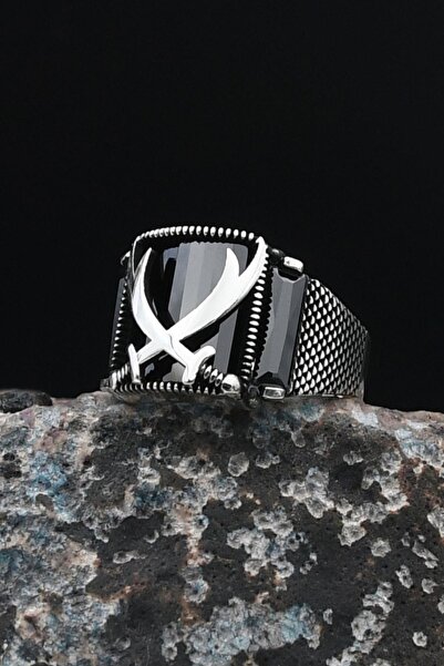 Prestige Zülfikar Hz. Ali'nin Kılıcı 925 Ayar Gümüş Erkek Yüzüğü Siyah Zirkon...