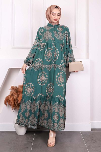İmajButik Φόρεμα Viscon με μισό κουμπί με σμαραγδί πράσινο σχέδιο