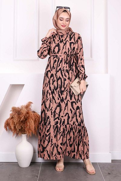 İmajButik Φόρεμα Viscon με στρίφωμα με σχέδιο καμήλας