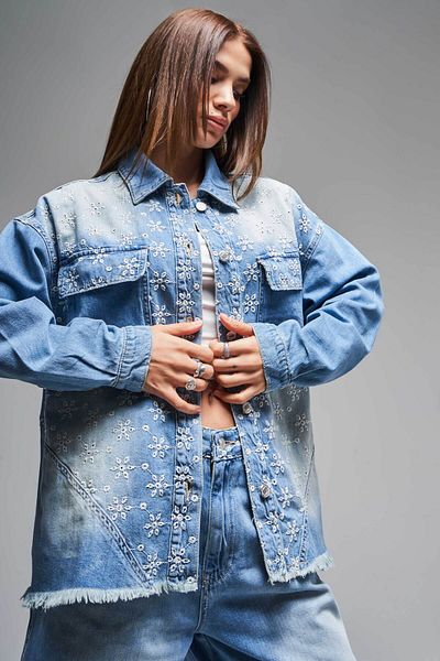 its basic Women's Blue Denim Color Flower Embroidery Oversize 100% Cotton Design Denim Shirt