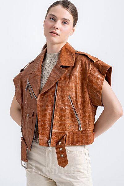 Lebeni Kadın Biker Kuzu Deri Yelek – Timsah Desenli Hakiki Deri Croco Yelek