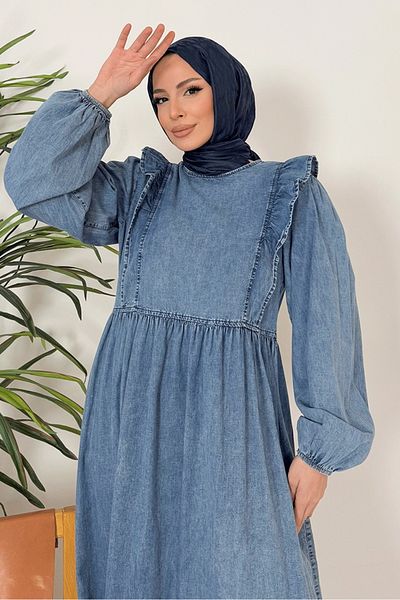 Bestenur Τζιν φόρεμα Seril Ruffle Detailed 1379 - Μπλε