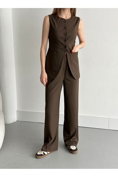 My Blog Brown Buttoned Vest Trousers Suit - 8484