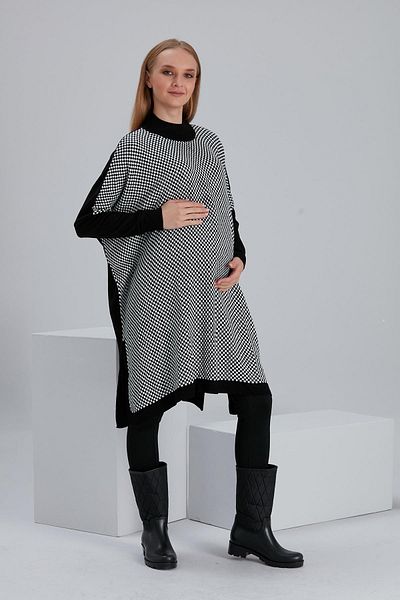 Işşıl 21135-Turtleneck Checkered Knitted Maternity Poncho-Tunic