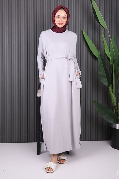İmajButik Γκρι φαρδύ φόρεμα με μανίκια με ζώνη