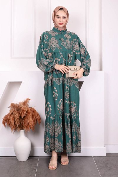 İmajButik Φόρεμα Viscon με μισό κουμπί με σμαραγδί πράσινο σχέδιο