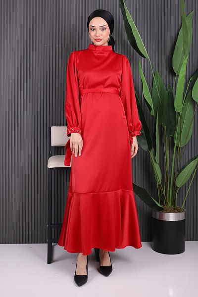 İmajButik Red Stone Detailed Skirt Flounced Satin Evening Dress