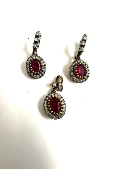 Aysesa Gümüş Set Takım 1 Çift Küpe ve 1 Kolye Yakut ve Zirkon Taşlı 925 Ayar ...
