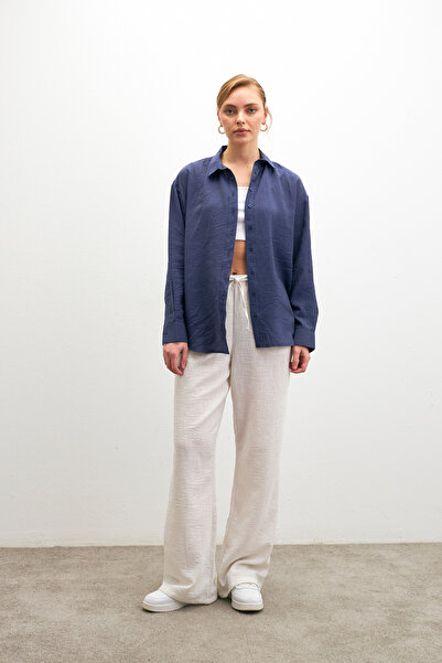 Bipantolon Women's White Linen Blended Loose Fitting Trousers