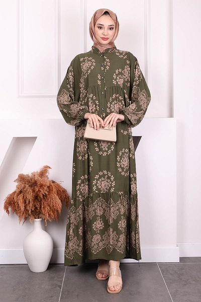 İmajButik Φόρεμα Viscon με μισό κουμπί με χακί σχέδιο