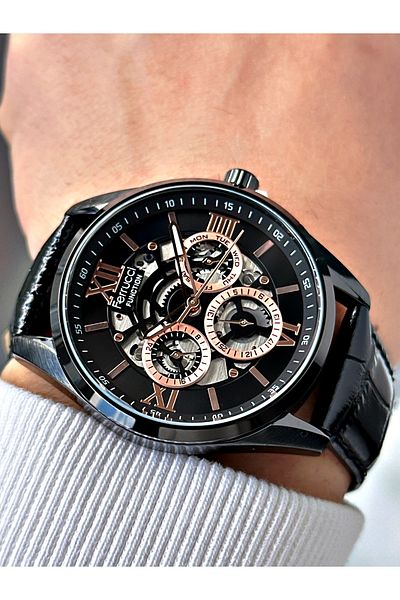 Ferrucci Functions Active Black Color 3 Atm Waterproof Leather Cord Men's Wrist Watch