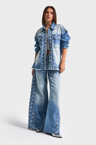 its basic Women's Blue Denim Color Flower Embroidery Oversize 100% Cotton Design Denim Shirt