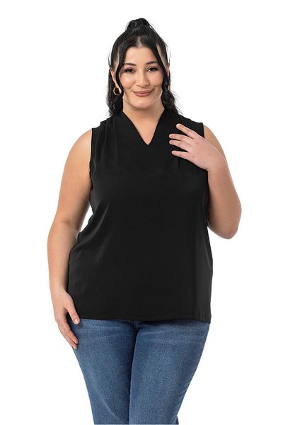 DISENTIS MODEST Plus Size Shoulder Pleat Detail V-Neck Sleeveless Black Blouse