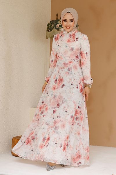 Neva Style Floral Patterned Ecru Hijab Dress 27969E