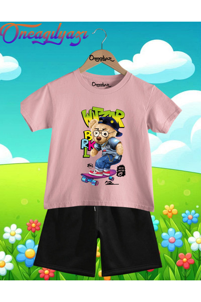 oneagılyazı Skateboarder Medved Štampano Oversize kroj Dječje šortseve T-shir...