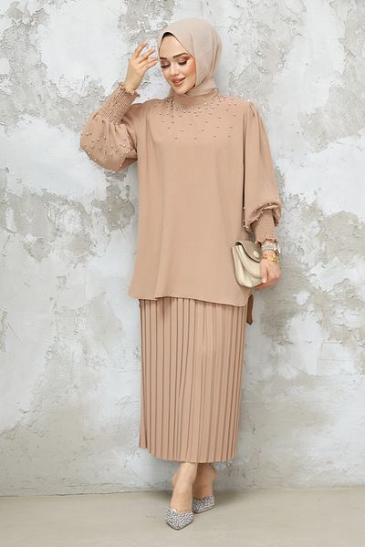 Neva Style Pearl Embroidered Camel Hijab Skirted Double Suit 10991C