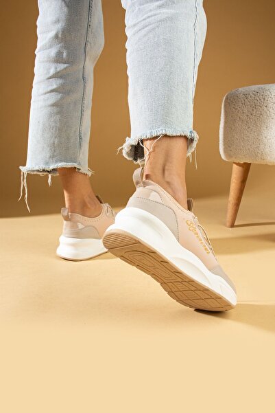 Pembe Potin Kadın Bej Poli Rahat Taban Bağcıklı Sneaker Ayakkabı