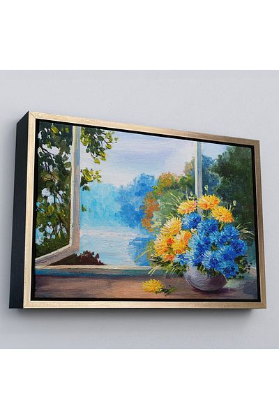 Harita Sepeti Buchet de flori pe marginea ferestrei într-un cadru de aur Pictură murală pe pânză