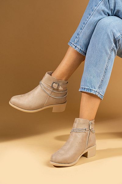 Pembe Potin Γυναικεία Suede Cream Beige Poly Sole - Άνετα καθημερινά μποτάκια με φερμουάρ και αγκράφα, ζεστή εσωτερική επένδυση