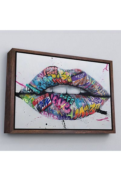Harita Sepeti Pictură pe pânză cu buze și dinți cu cadru alb, Banksy Lips Street Graffiti Art Canvas Print