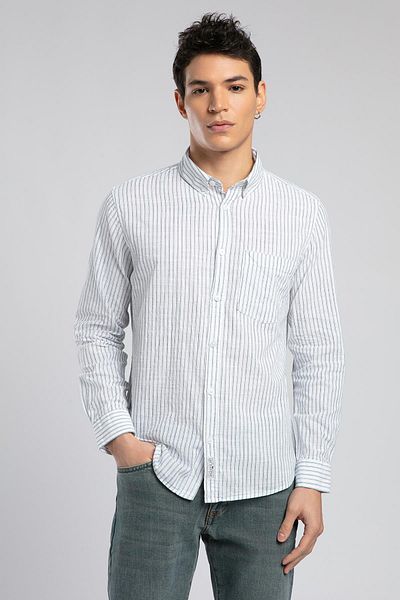 Lee Cooper قميص رجالي منسوج بأكمام طويلة - أبيض زمردي