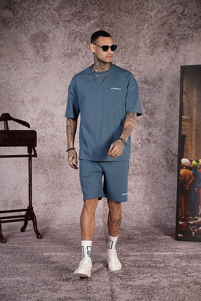 Butik TREND BIZ Set de tricou și pantaloni scurți unisex cu imprimeu oversize cu decolteu