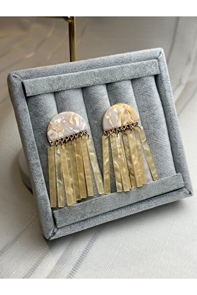 gingillo aksesuar Mermer Detay Büyük Sarı Püsküllü Küpe