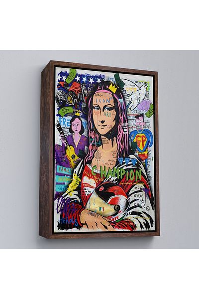Harita Sepeti Pictură pe pânză Mona Lisa Banksy colorată cu cadru alb, artă de stradă, pop art