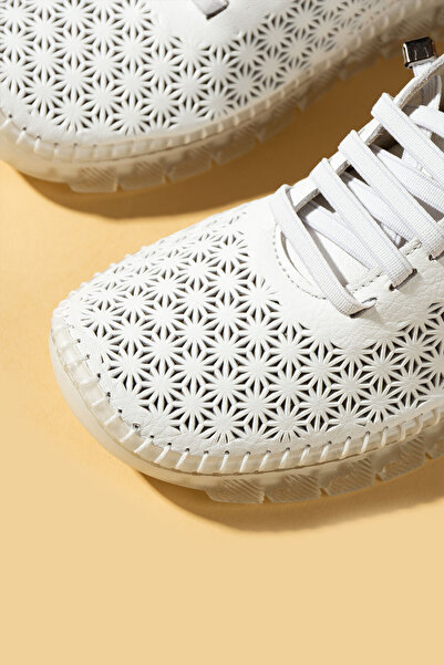 Pembe Potin White Laser Women's Orthopedic Genuine Leather Comfortable Comfort Sole Daily Casual Sports Shoes