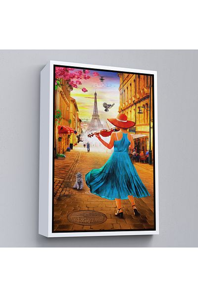 Harita Sepeti Ζωγραφική με λευκό πλαίσιο Paris de Etfel Tower Girl που παίζει βιολί