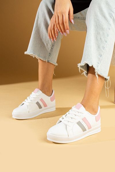 Pembe Potin Bílé pudrové dámské sportovní tenisky Šněrovací každodenní obuv s pohodlnou podrážkou