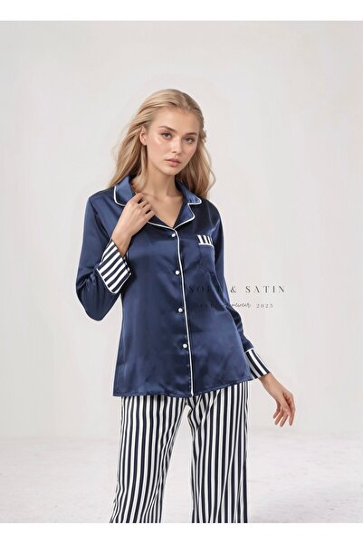 Soft Satin Kadın Lacivert Saten Çizgili Gömlek Yaka Önden Düğmeli İkili Pijama Takımı
