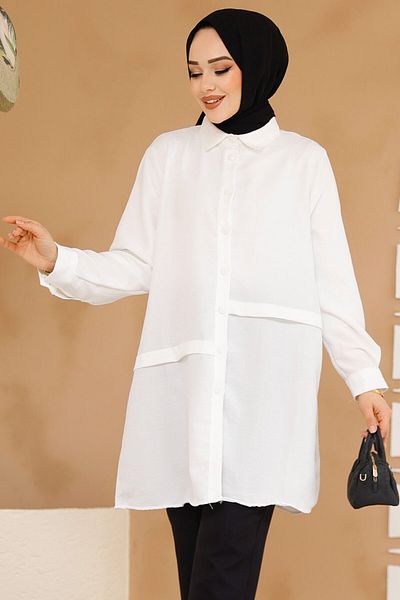 Neva Style Λευκό Hijab Τουνίκ με κουμπί 30881B