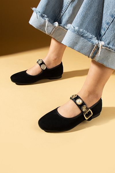 Pembe Potin Women's Ballerinas Black Suede Buckle Banded Lightweight Comfortable Sole Stylish Casual Shoes