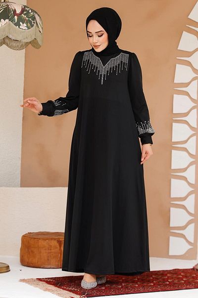 Neva Style Rochie neagră cu mărgele Hijab 23815S