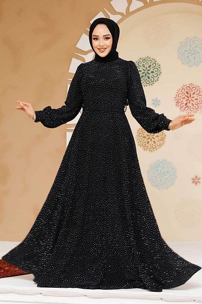 Neva Style Rochie neagră cu mărgele de piatră brodate 23882S