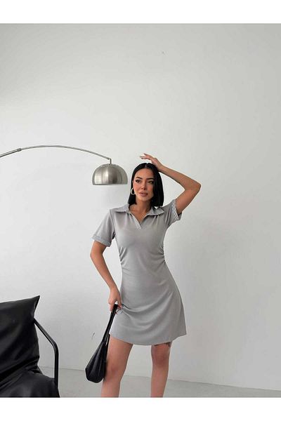 aytenli Shirt Collar Short Sleeve Side Gathered Top Tight Bottom Lightweight Wide Mini Length Modal Dress